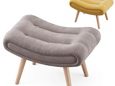 Gray Yellow Upholstered Ottoman With Modern Wooden Legs And Soft Padding 3d model