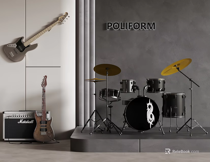 Musical Instruments Display With Electric Acoustic Guitars Drum Set And Amplifier 3d model 