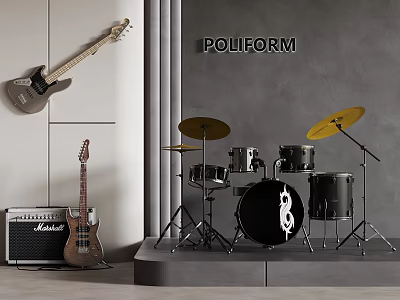 Musical Instruments Display With Electric Acoustic Guitars Drum Set And Amplifier 3d model