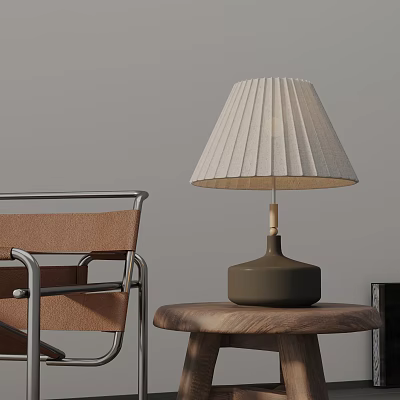 Pleated Beige Lampshade Ceramic Table Lamp On Wooden Side Table With Brown Leather Chair 3d model