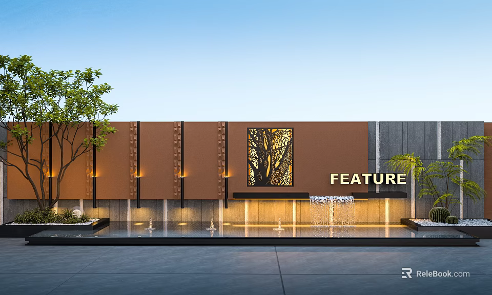 Modern Building Exterior With Brown Facade Tree Pattern Window FEATURE Sign Green Plants And Pool 3d model 