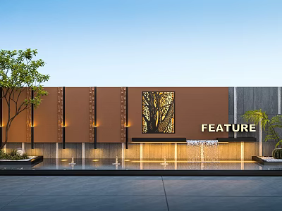 Modern Building Exterior With Brown Facade Tree Pattern Window FEATURE Sign Green Plants And Pool 3d model