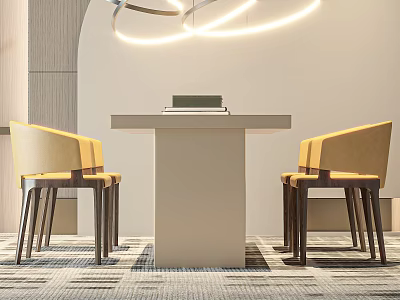 Modern Leisure Chairs Around Minimalist Table In Elegant Indoor Space With Pendant Lighting 3d model