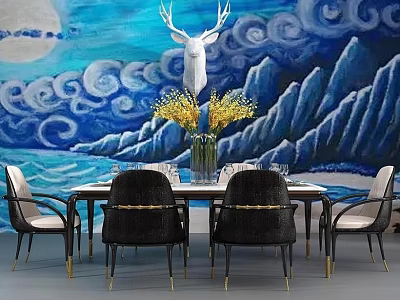 Elegant Dining Table Set With White Deer Head Decor Yellow Flowers And Blue Mountain Backdrop 3d model