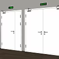 White Double Doors With Fire Extinguishers Indicator Lights And Wooden Floor Gray Wall