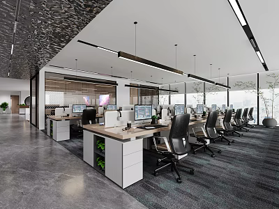 Modern Public Office Space With Open Layout Desks Computers And Ergonomic Chairs 3d model