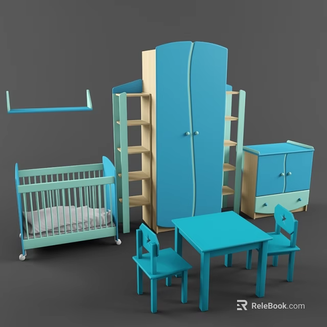 Blue and Green Baby Crib with Wardrobe Bookshelf Table and Chairs in Nursery Room 3d model 