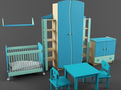 Blue and Green Baby Crib with Wardrobe Bookshelf Table and Chairs in Nursery Room 3d model