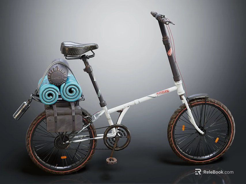 White Urban Commuter Bicycle With Backpack Rolled Mats And Treaded Tires 3d model 
