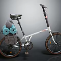 White Urban Commuter Bicycle With Backpack Rolled Mats And Treaded Tires
