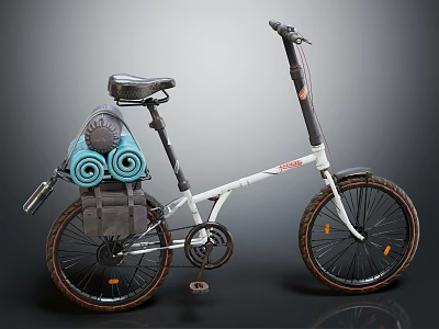 White Urban Commuter Bicycle With Backpack Rolled Mats And Treaded Tires 3d model