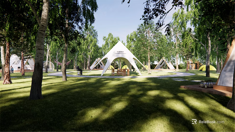 Garden Landscape Design With Tents Trees Green Grass And Sunlight Shadows 3d model 