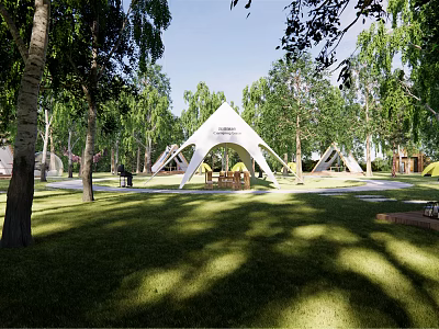 Garden Landscape Design With Tents Trees Green Grass And Sunlight Shadows 3d model