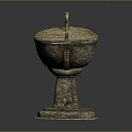 Ancient Intricate Golden Sculpted Container With Pedestal Base And Lion Head Decorations
