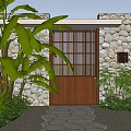 Wooden Entrance Gate With Lattice Design And Stone Wall Surrounded By Green Plants
