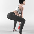 Woman In White Sports Bra And Black Leggings Squatting With Red Kettlebell