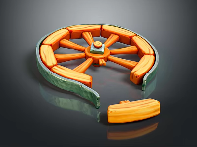 Vintage Wooden Tire With Orange Spokes Green Rim And Detached Part 3d model