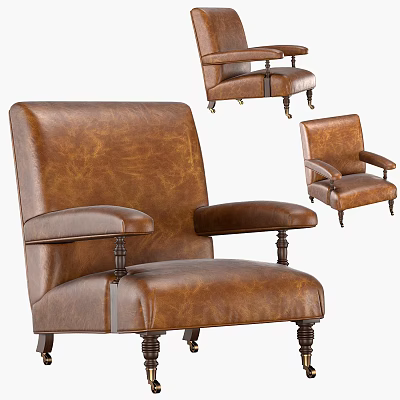 Classic Brown Leather Single Sofa With Armrest And Decorative Wooden Legs 3d model