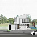 Modern Single Family House With Large Glass Windows Surrounded by Lush Greenery and Landscaped Entrance
