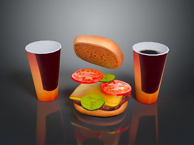 Delicious Hamburger with Fresh Bun Tomato and Cucumber Slices and Cold Drinks 3d model