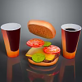Delicious Hamburger with Fresh Bun Tomato and Cucumber Slices and Cold Drinks