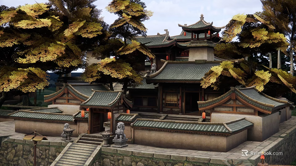 Ancient Chinese Architecture Featuring Tiled Roof Overhanging Eaves Stone Lions And Golden Trees 3d model 