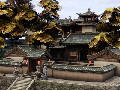 Ancient Chinese Architecture Featuring Tiled Roof Overhanging Eaves Stone Lions And Golden Trees 3d model