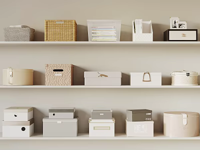 Stylish Storage Boxes In Neutral Tones Arranged On Wall Mounted Shelves 3d model