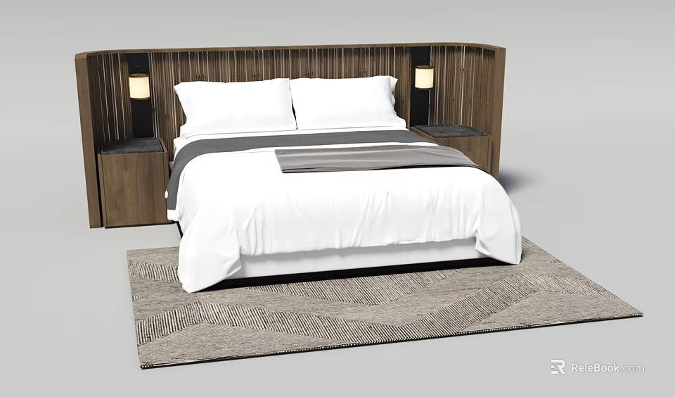 Modern Wooden Double Bed With White Sheets Gray Blanket Side Lamps And Patterned Rug 3d model 