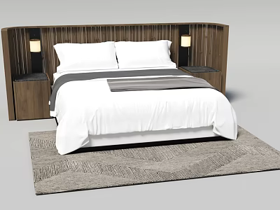 Modern Wooden Double Bed With White Sheets Gray Blanket Side Lamps And Patterned Rug 3d model