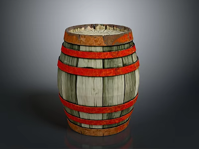 Vintage Wooden Barrel With Red Stripes For Home Decor And Storage 3d model