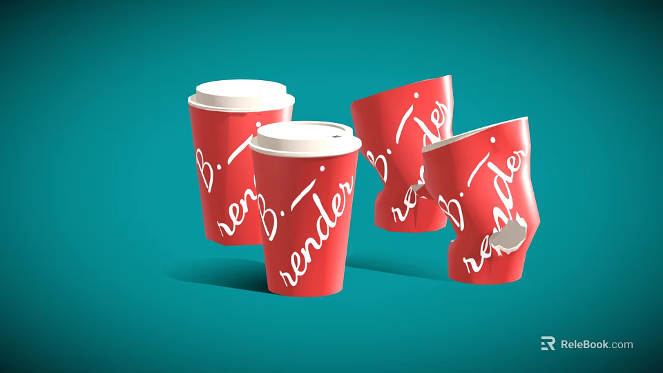 Red cups with white lids and render print some broken on teal background 3d model 