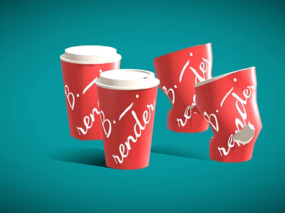Red cups with white lids and render print some broken on teal background 3d model