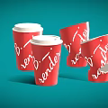 Red cups with white lids and render print some broken on teal background