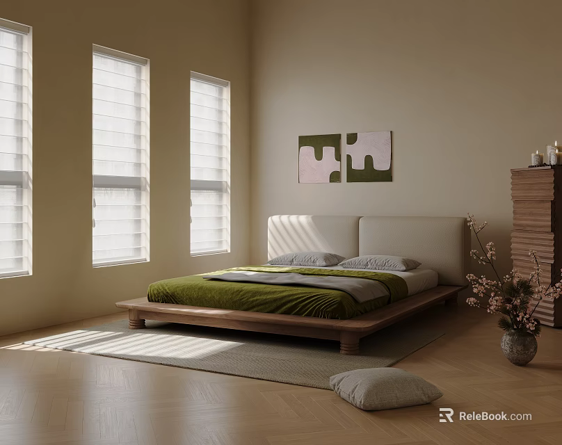 Modern Double Bed In Bright Room With Wooden Floor Sunlight And Wall Art 3d model 