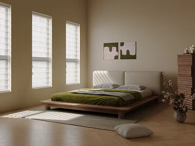 Modern Double Bed In Bright Room With Wooden Floor Sunlight And Wall Art 3d model