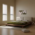 Modern Double Bed In Bright Room With Wooden Floor Sunlight And Wall Art