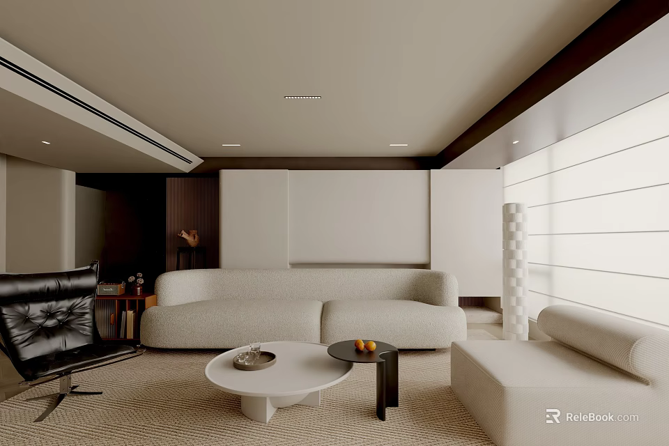 Modern Living Room With Beige Sofa Round White Coffee Table Floor Lamp And Window Blinds 3d model 