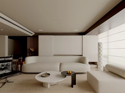 Modern Living Room With Beige Sofa Round White Coffee Table Floor Lamp And Window Blinds 3d model