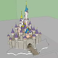 Ancient Architecture Castle With Purple Spires Blue Tower Tops Gray Walls And Entrance Steps