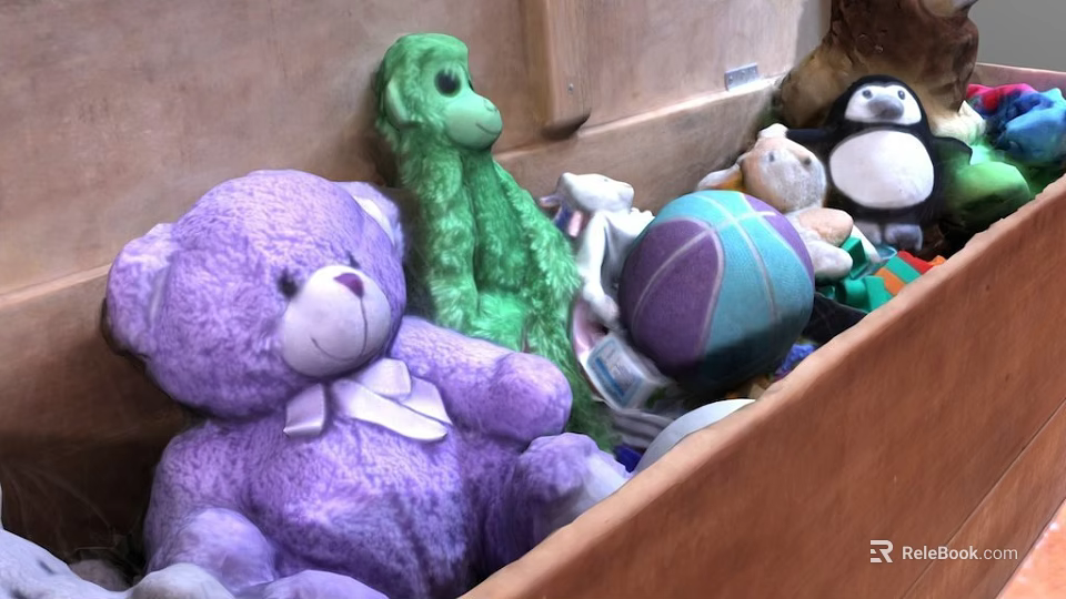 Colorful Stuffed Toys Collection With Purple Teddy Bear Green Monkey And Penguin In Box 3d model 