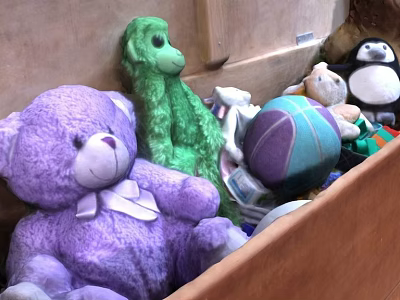 Colorful Stuffed Toys Collection With Purple Teddy Bear Green Monkey And Penguin In Box 3d model