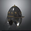 Medieval Warrior Helmet Featuring Ornate Steel Construction Gold Accents And Face Guard