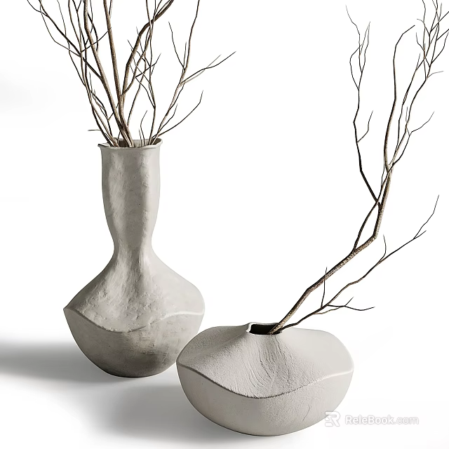 Two Irregularly Shaped Clay Vases With Natural Branches For Home Decor 3d model 
