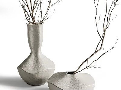 Two Irregularly Shaped Clay Vases With Natural Branches For Home Decor 3d model