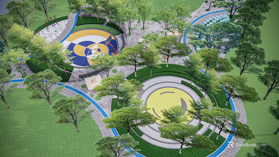 Modern Park Landscape Design With Circular Yellow Blue Patterns Trees And Curved Paths 3d model 