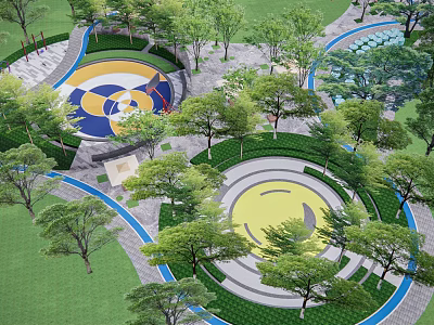 Modern Park Landscape Design With Circular Yellow Blue Patterns Trees And Curved Paths 3d model