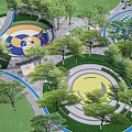 Modern Park Landscape Design With Circular Yellow Blue Patterns Trees And Curved Paths 3d model