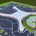 Modern Airport Terminal Architecture With Unique Roof Green Landscape Parking Areas And Circular Layout