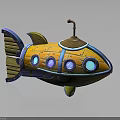 Fantasy Yellow Fish Shaped Weapon With Blue Accents Circular Windows Bottom Fins And Top Chimney